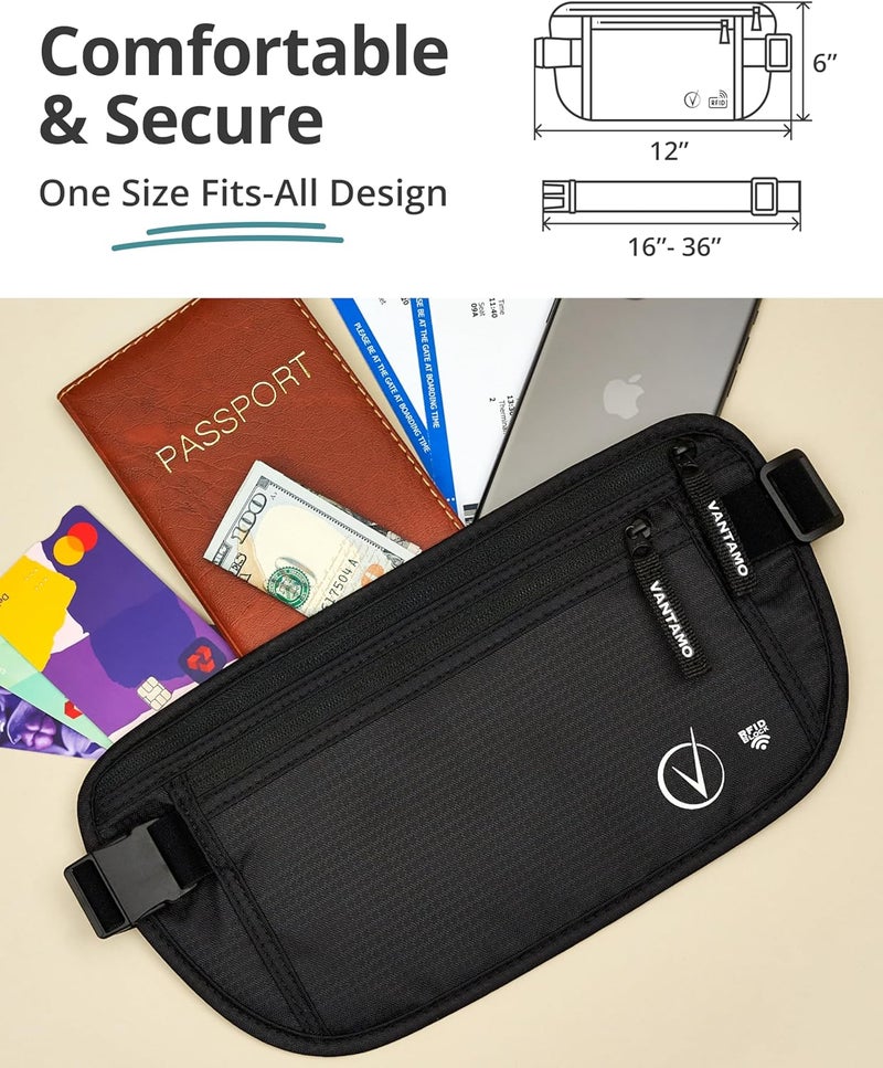 Vantamo Money Belt with RFID For Men & Women, Hidden Passport Holder for Travel, 2 Compartment Travel Fanny Pack for Women Anti Theft - Image 4